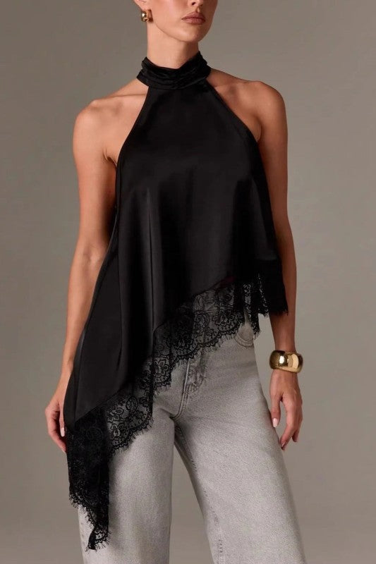 Satin Lace Trim Halter Neck Asymmetrical Top