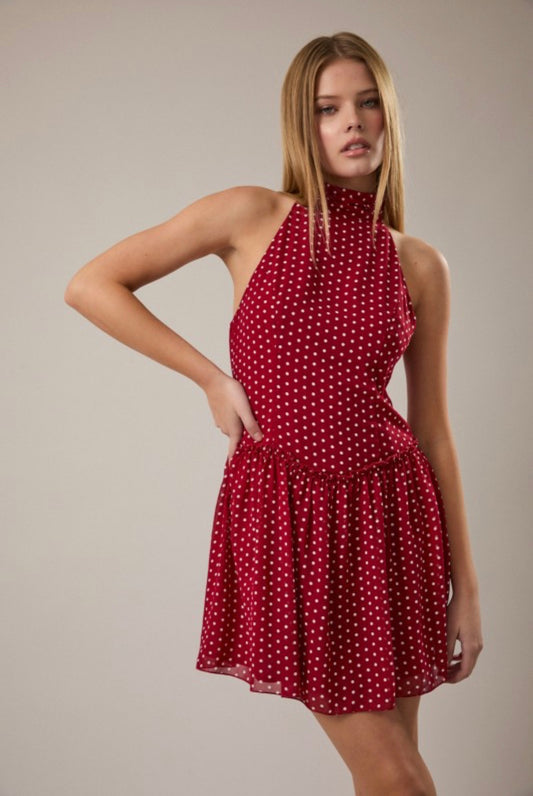 Stella Rosso Halter Neck Polka Dot Mini Dress