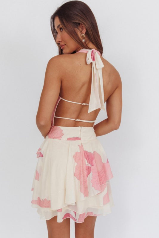 Petal Kiss Halter Cowl Neck Mini Dress